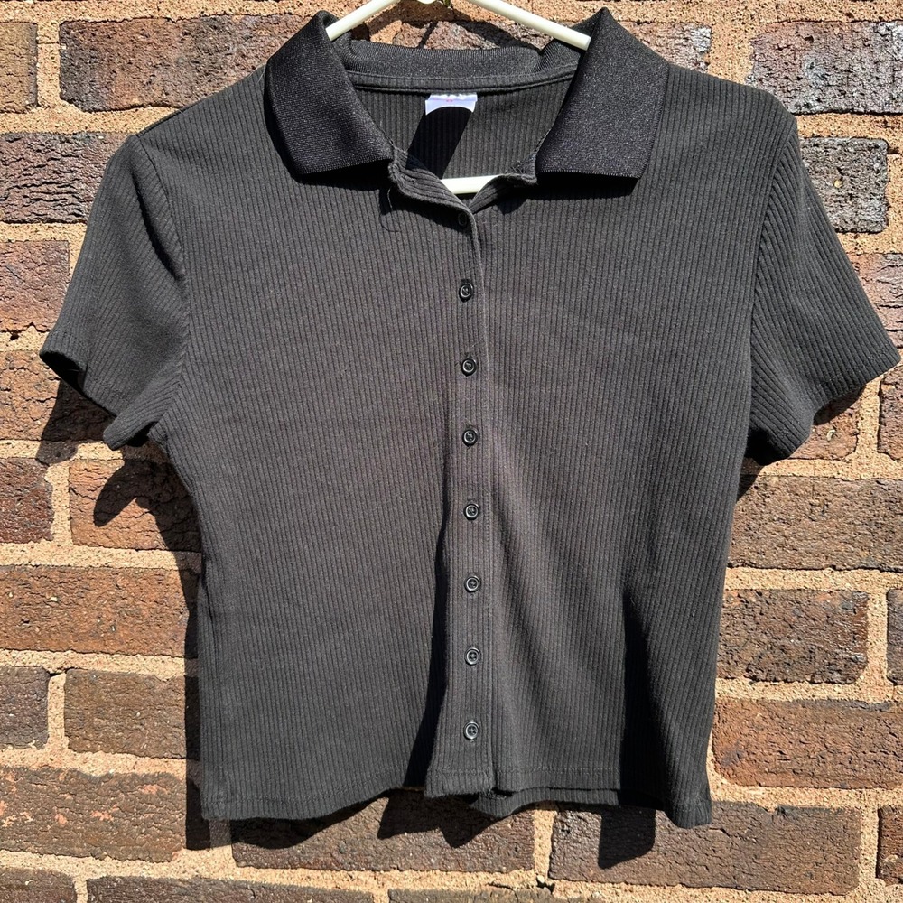 No Boundaries Womens Juniors L Black Ribbed Button Front Polo Top Fitted Preppy